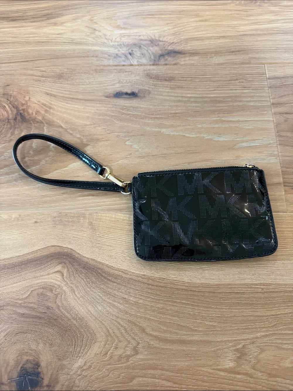 Michael Kors Black Patent MK Logo Wristlet with Gold Hardware